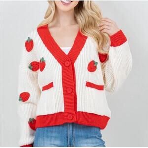 Heritage Cardigan Sweater Womens M/L Strawberry Fruit Embroidered Red Cream